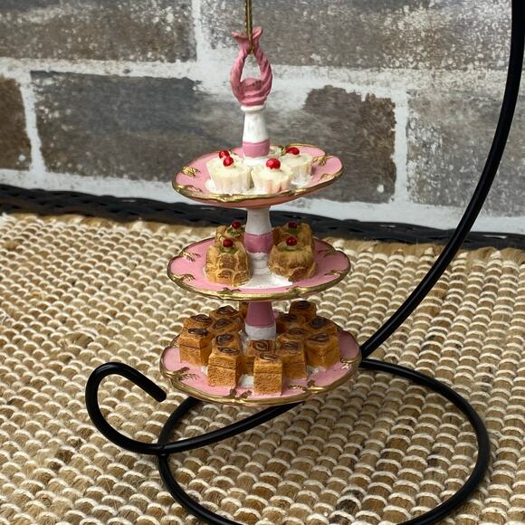 Three Tier Dessert Stand Christmas Tree Ornament Bakery, Miniature Pink & Gold - Picture 2 of 11